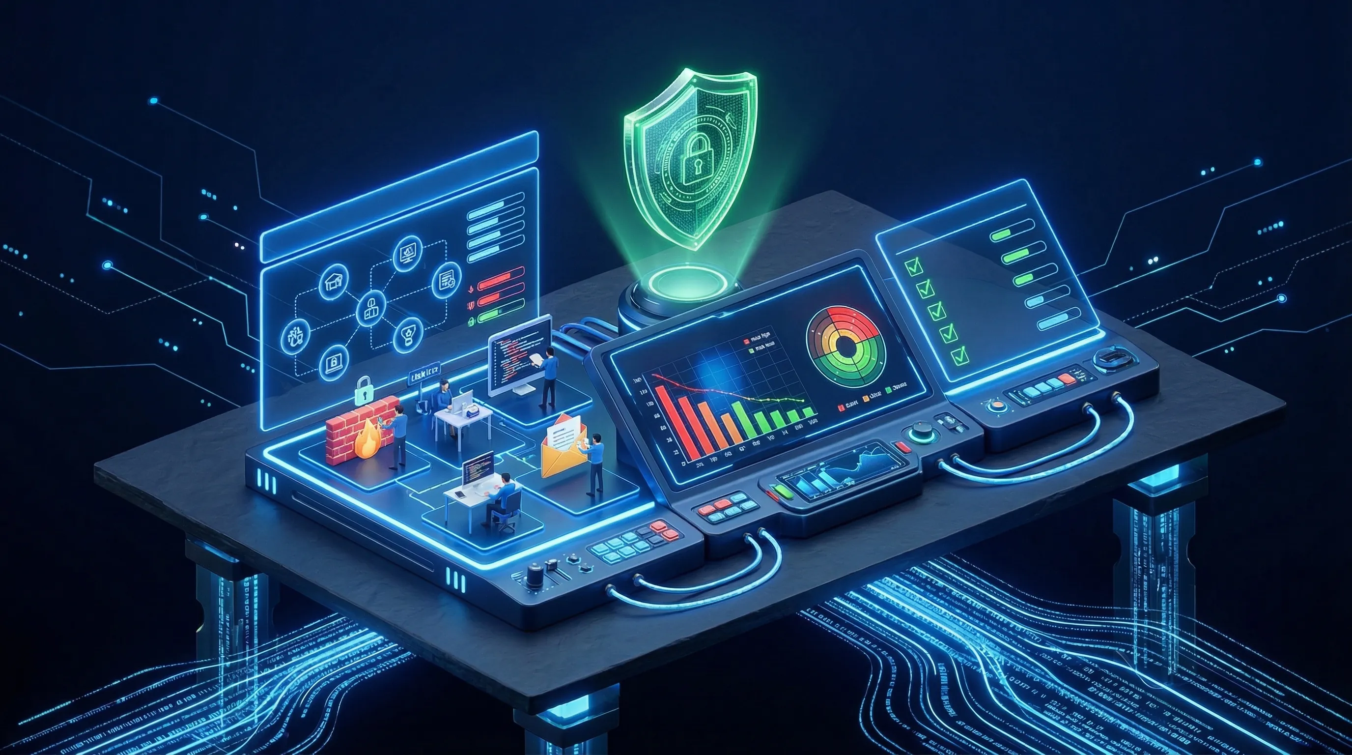 3D neon training console teaching EU AI Act roles, risk tiers and controls in a secure zero-cloud environment