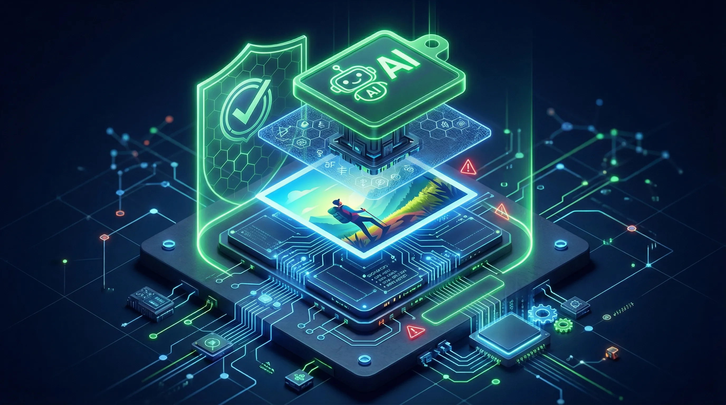 3D illustration of a digital image being stamped with three distinct, glowing compliance layers: metadata, watermark, and visual tag