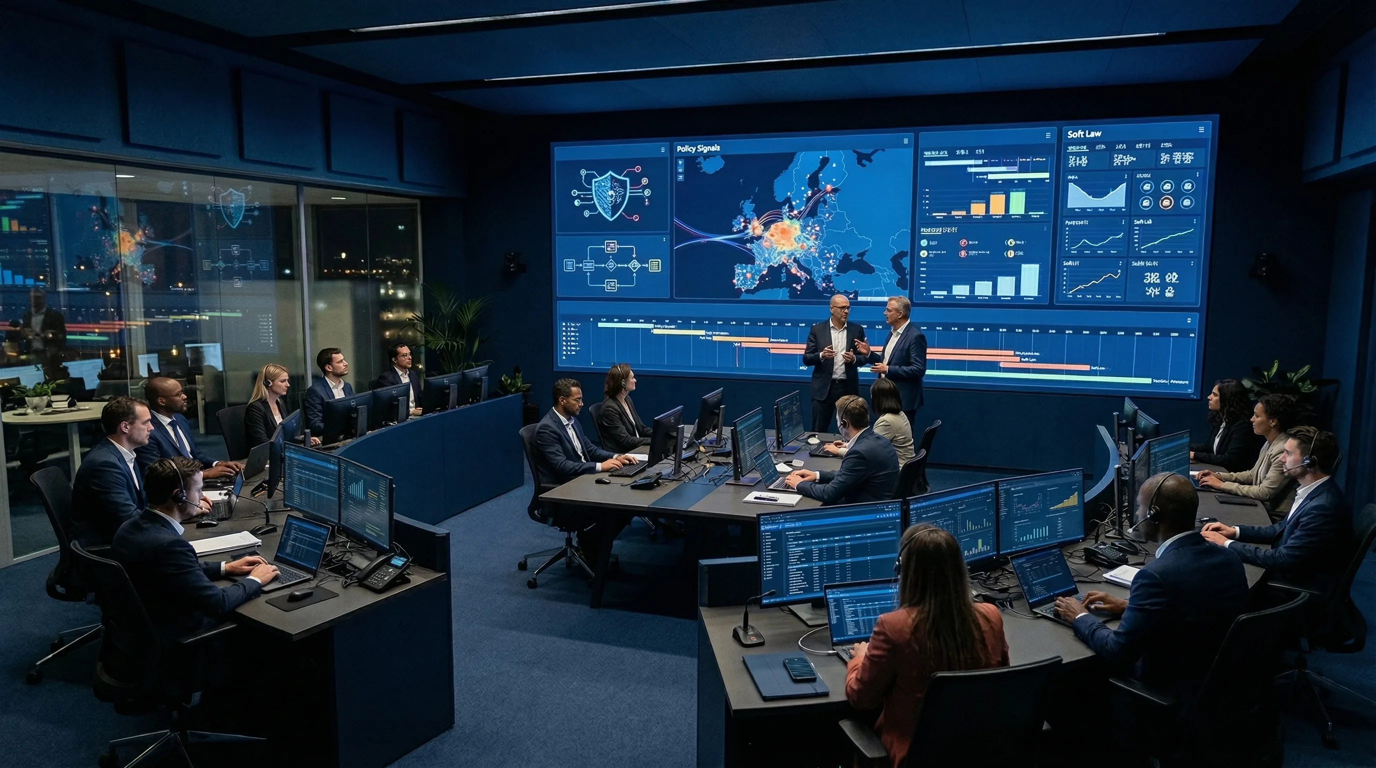 Founder-style regulatory intelligence dashboard with confirmed law, proposed changes, soft law, and timeline tracker panels