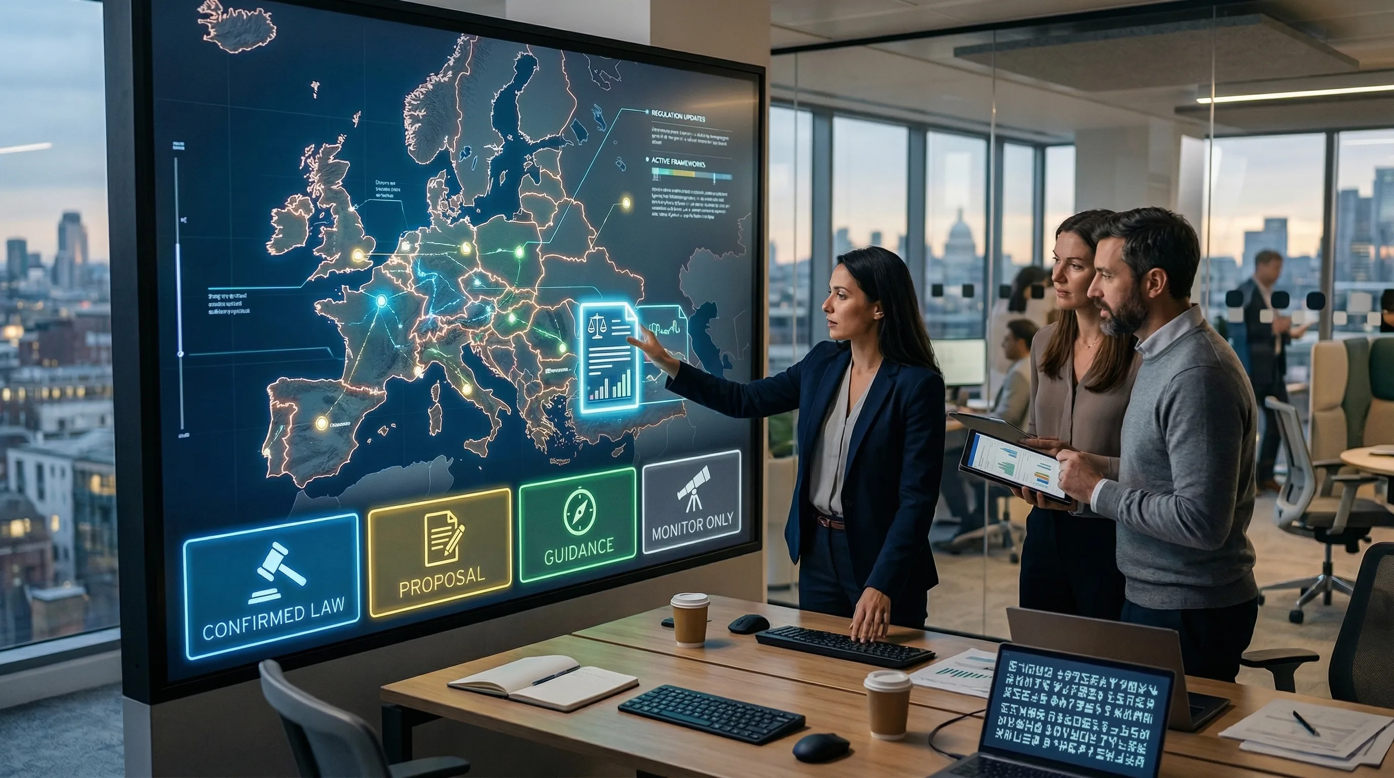 Editorial compliance room with analysts tagging updates as confirmed law proposed change or soft law across a shared Europe regulatory map