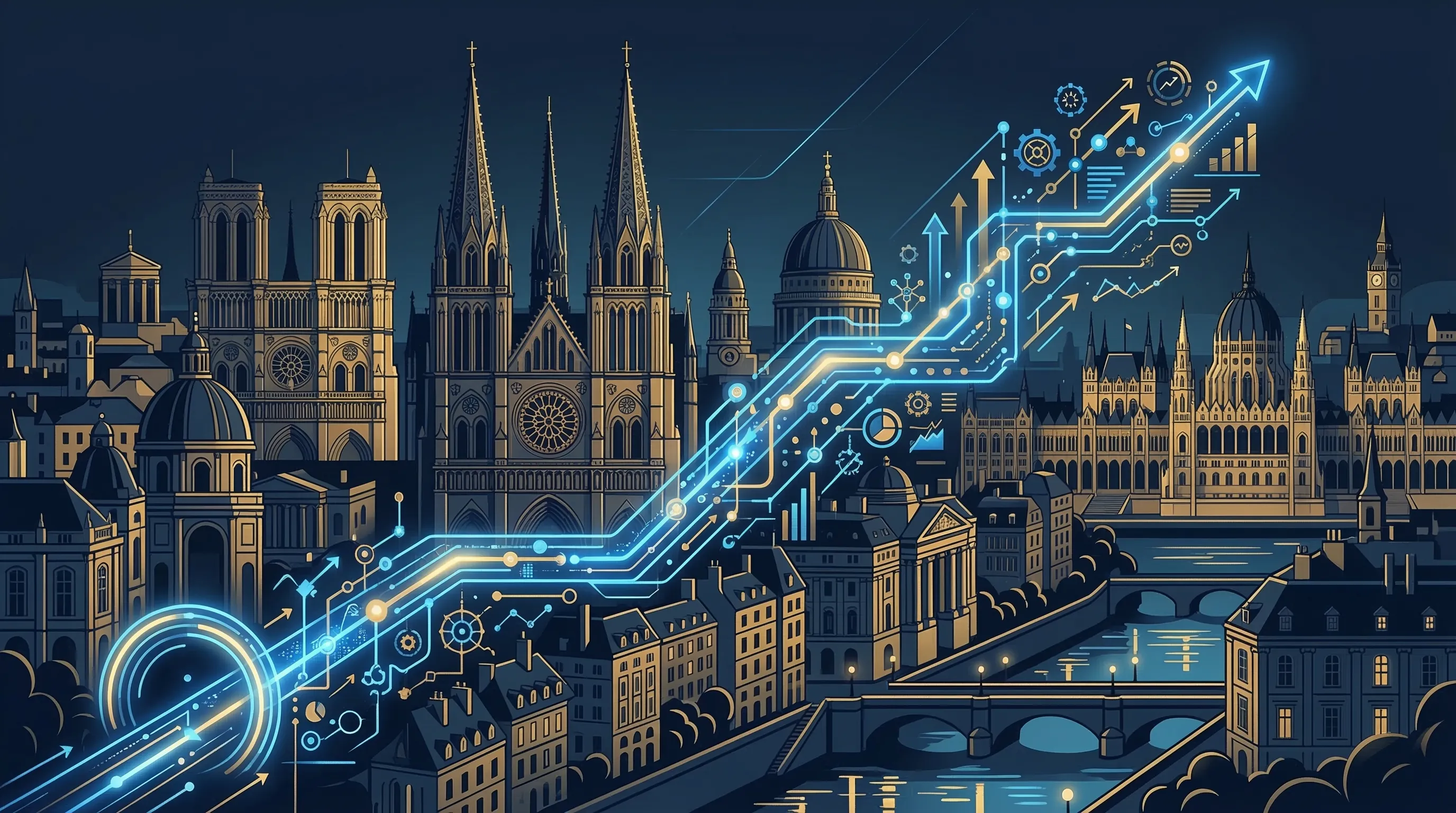 Abstract digital timeline representing EU AI Act milestones with Council and ECB institutional symbols in navy and gold.