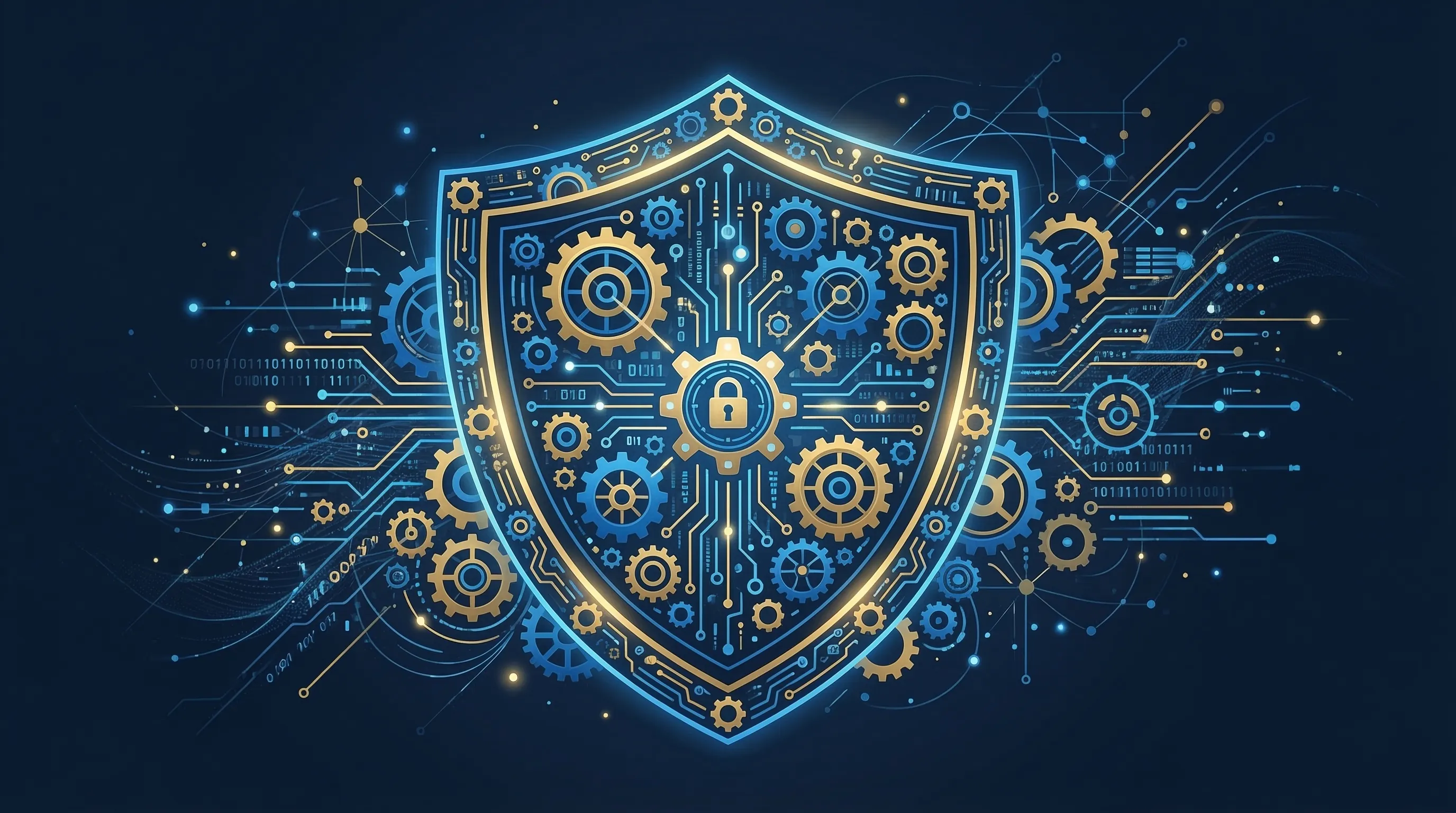 Abstract illustration of EU institutional buildings connected by data streams in navy and gold.